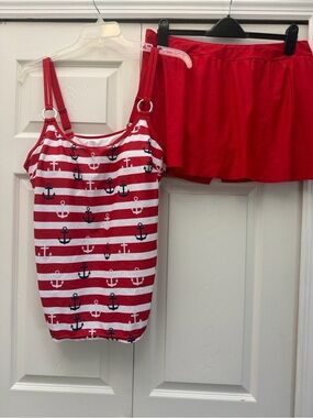 Red Striped Anchor Tankini Top with Solid Red Swim Skirt